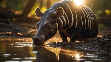 A tapir wading in a serene forest stream at sunset, surrounded by lush greenery and soft light photo