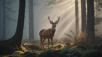 Majestic deer standing in a misty forest with sunlight filtering through trees, creating a serene atmosphere photo