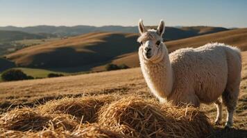A serene llama stands beside a haystack in a sunlit field with rolling hills in the background photo