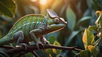 Vibrant chameleon perched on a branch amidst lush greenery during sunset, showcasing nature's beauty photo