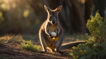 A kangaroo holding an egg in a sunlit forest, surrounded by greenery and soft light photo