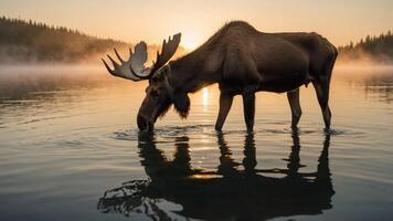Majestic moose drinking from a serene lake at sunrise, surrounded by misty forest landscape photo