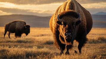 Majestic bison grazing in a golden sunset landscape with distant mountains and open fields photo