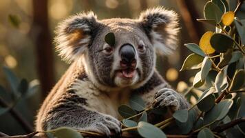 Close-up of a koala perched on eucalyptus branches, surrounded by a lush forest backdrop, enjoying its habitat photo