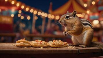 A chipmunk enjoying a feast of colorful cookies at a vibrant carnival under string lights photo