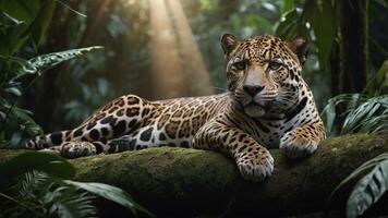 Majestic jaguar resting on a mossy branch in a lush jungle with sunlight filtering through trees photo
