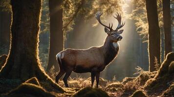 Majestic stag standing in sunlit forest, surrounded by lush greenery and misty atmosphere photo