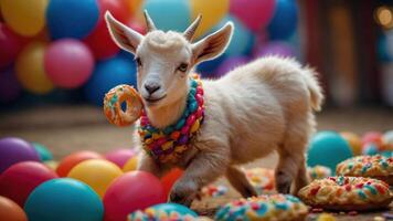 Playful baby goat adorned with colorful beads, enjoying a donut amidst festive balloons and treats photo