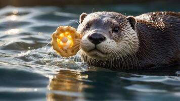 Playful otter swimming with a toy in its mouth, surrounded by shimmering water reflections photo