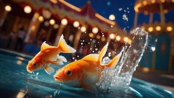 Two goldfish leap from a shimmering pool near a vibrant carnival, with colorful lights glowing photo