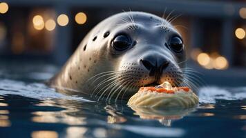 Playful seal holds a colorful pastry in its mouth while swimming in a serene water setting photo