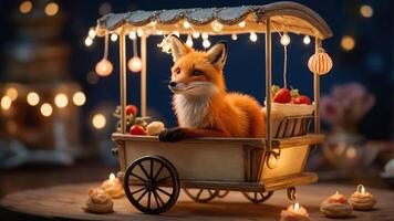 A charming fox character in a whimsical food cart adorned with lights and treats, set in a cozy environment photo