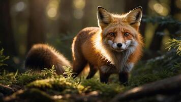 A majestic red fox standing amidst lush greenery in a sunlit forest, showcasing its vibrant fur photo