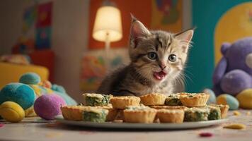 Playful kitten curiously gazing at a plate of colorful tarts in a cozy, vibrant room photo