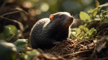 Close-up of a curious mongoose exploring lush greenery in a sunlit forest environment photo