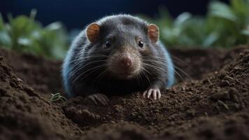 Close-up of a curious rat emerging from the soil in a lush garden setting at dusk photo