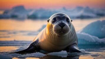 Seal resting on ice at sunset, surrounded by melting icebergs, serene ocean backdrop photo