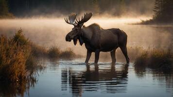 Majestic moose wading through misty waters at dawn, surrounded by serene forest landscape photo