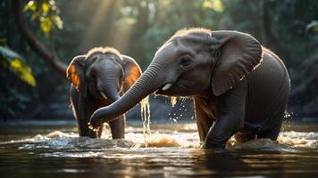 Two elephants playfully splash water in a serene jungle river, sun rays filtering through trees photo