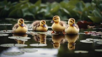 Four adorable ducklings floating on a serene pond surrounded by lily pads and greenery photo