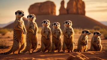 A group of meerkats standing alert in the desert at sunset, with rocky formations in the background photo