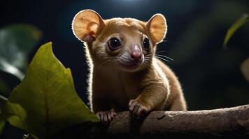 Close-up of a curious marsupial in a lush, dimly lit forest, showcasing its expressive features photo