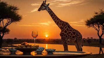 Serene sunset view with a giraffe near a river, a dining setup with food and wine in the foreground photo