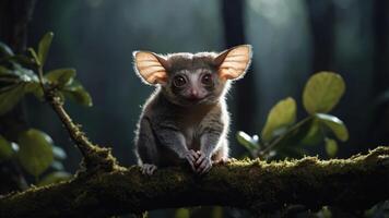 A curious small primate perched on a mossy branch in a lush, dimly lit forest setting photo