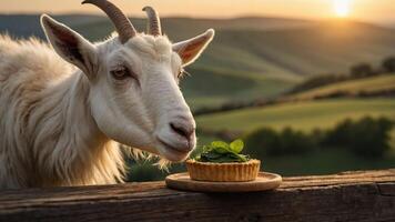 A curious goat gazes at a mint-topped dessert on a rustic wooden table at sunset in a serene landscape photo