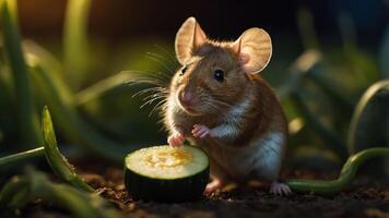 A curious mouse nibbling on a fresh cucumber slice amidst lush green plants in a warm setting photo