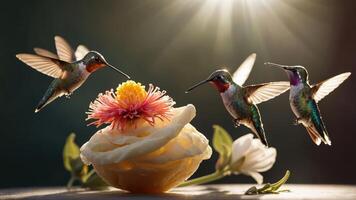 Three hummingbirds hovering around a floral dessert, with a soft sunlight background enhancing the scene photo