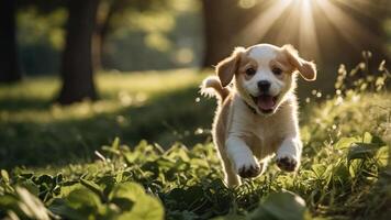 Playful puppy running joyfully through a sunlit grassy field with trees in the background photo