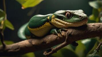 A vibrant green tree snake resting on a branch amidst lush foliage in a serene environment photo