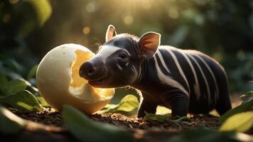 Young striped piglet playfully interacting with a cracked egg in a lush green forest setting photo
