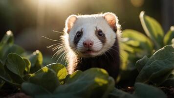 A curious ferret exploring lush green foliage in a sunlit garden during golden hour photo