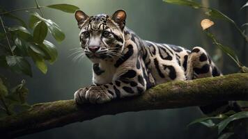 A majestic clouded leopard resting on a moss-covered branch in a lush green rainforest photo
