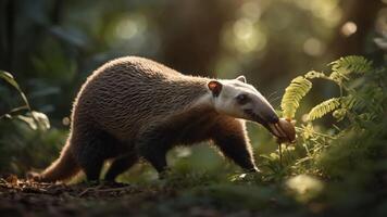A curious anteater foraging for food among lush greenery in a serene forest setting photo
