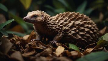 A close-up of a pangolin navigating through a forest floor covered in leaves, showcasing its unique scales photo