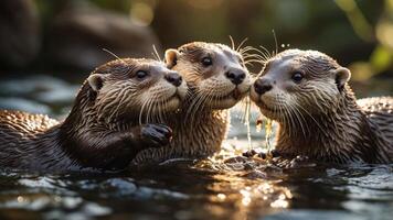 Three playful otters interacting in a serene water setting, surrounded by lush greenery and sunlight photo