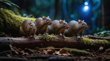 Four small rodents exploring a mossy log in a lush forest with soft blue lighting in the background photo