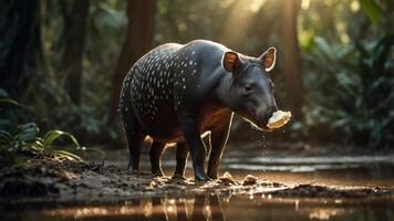 A solitary tapir stands in a serene forest stream, enjoying a snack amidst lush greenery and sunlight photo