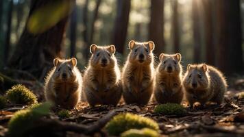 Five adorable quokkas standing in a sunlit forest, surrounded by greenery and soft light photo