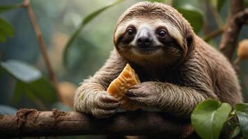 A sloth enjoying a piece of fruit while perched on a branch in a lush, green rainforest habitat photo