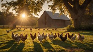 Chickens roaming freely in a sunlit farmyard with a rustic barn and trees in the background photo