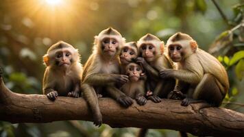 A group of six monkeys sitting on a tree branch, enjoying the warm sunlight in a lush forest photo