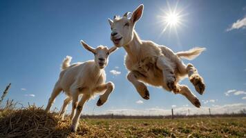 Two playful goats jumping joyfully in a sunny field with a clear blue sky and distant trees photo