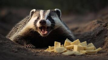A badger growls fiercely while surrounded by pieces of cheese in a natural setting at dusk photo