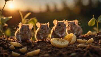Four adorable mice enjoying cheese on a dirt patch during sunset with greenery in the background photo