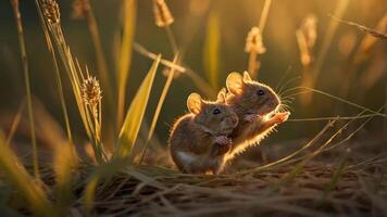 Two adorable mice playfully interact in a sunlit field surrounded by tall grass photo