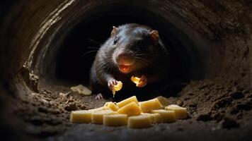 A curious rat munching on cheese pieces inside a dark tunnel with soil and debris around photo
